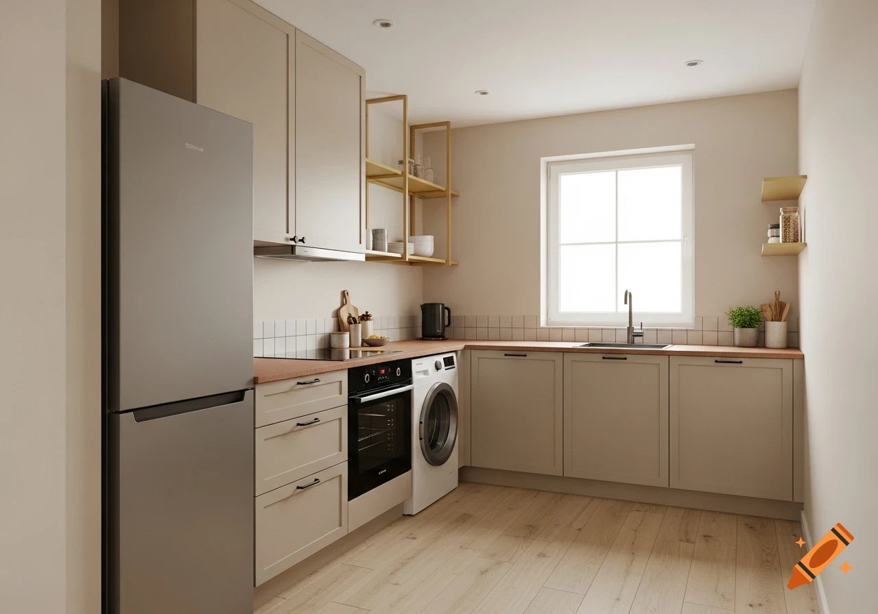 A modern, minimalist galley kitchen features light beige walls, darker beige cabinets with black handles, and light wood plank flooring. A stainless steel fridge-freezer, oven, washing machine, and sink are visible, with terracotta-colored countertops and gold open shelving.