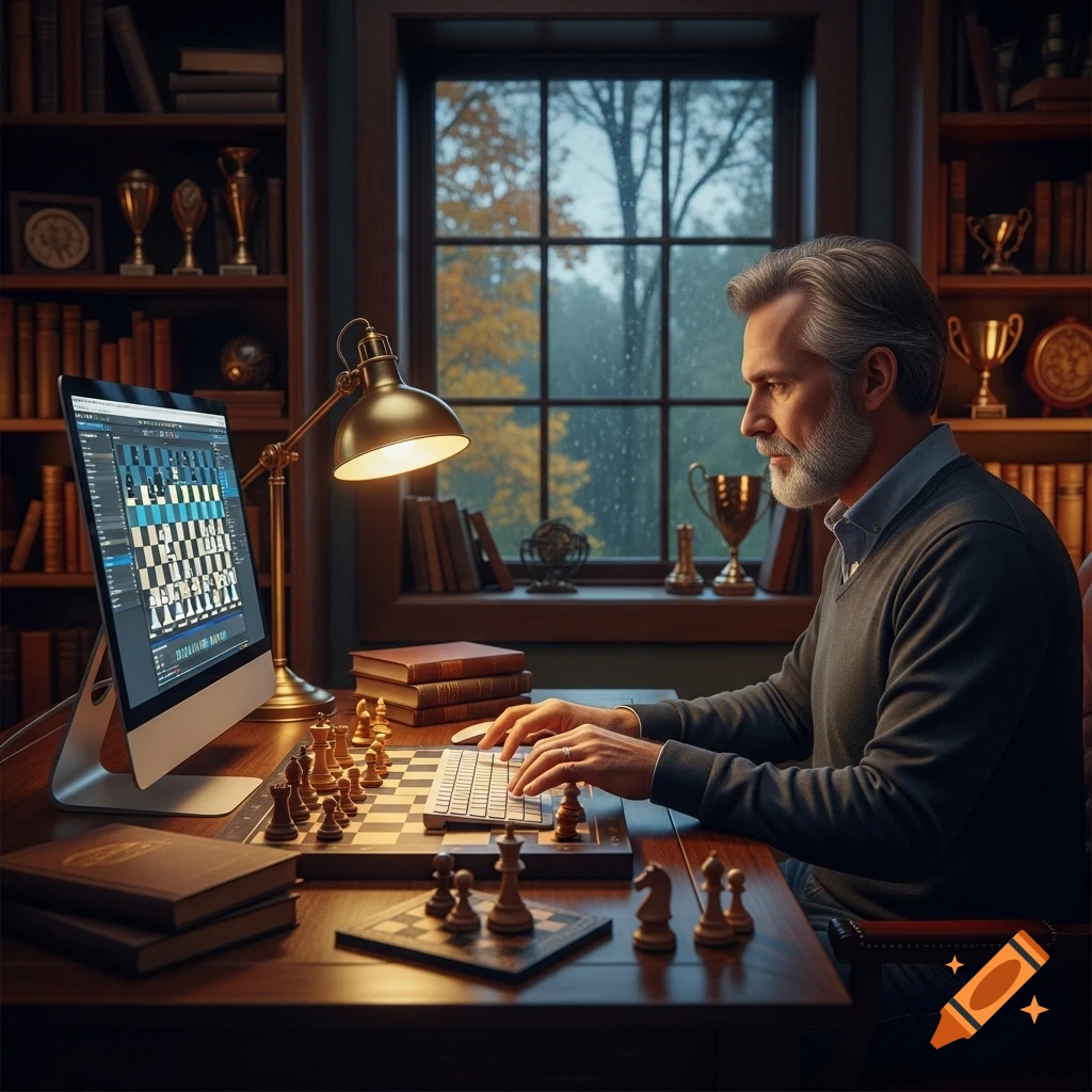 A man with a beard plays chess on a computer in a wood-paneled study with bookshelves.