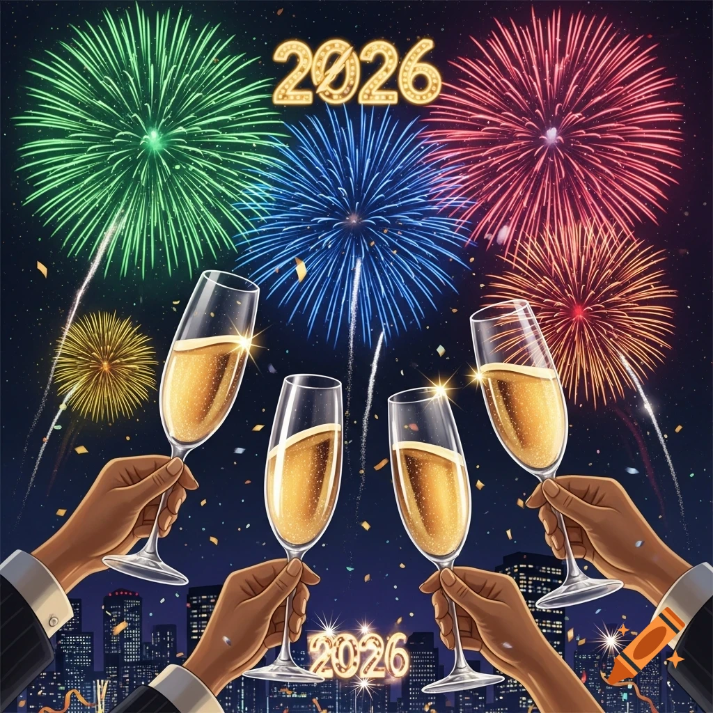 Toasting champagne glasses under colorful fireworks and the glowing '2026' above a city skyline.