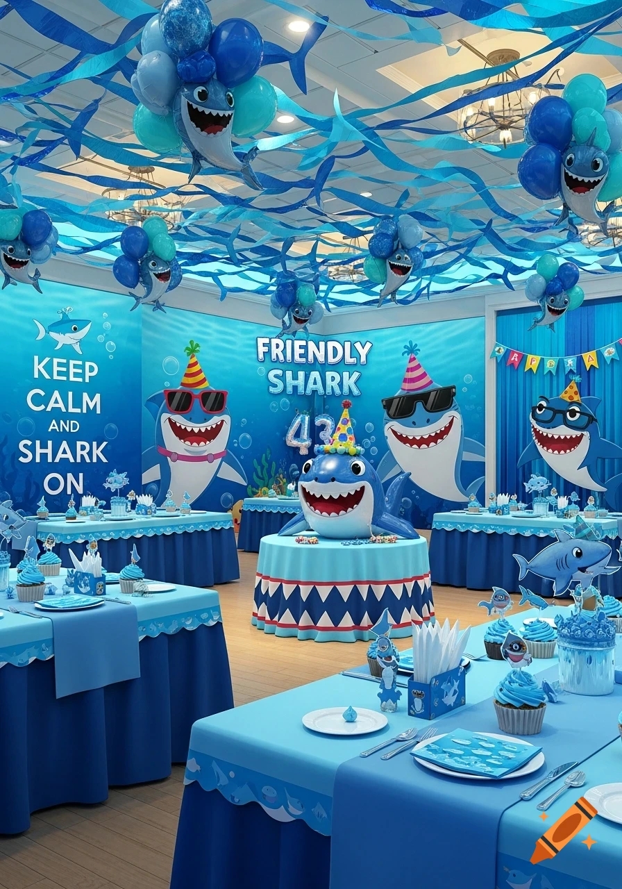 A vibrant blue and white shark-themed birthday party room. Decorations include shark balloons, streamers, and tables with cupcakes.
