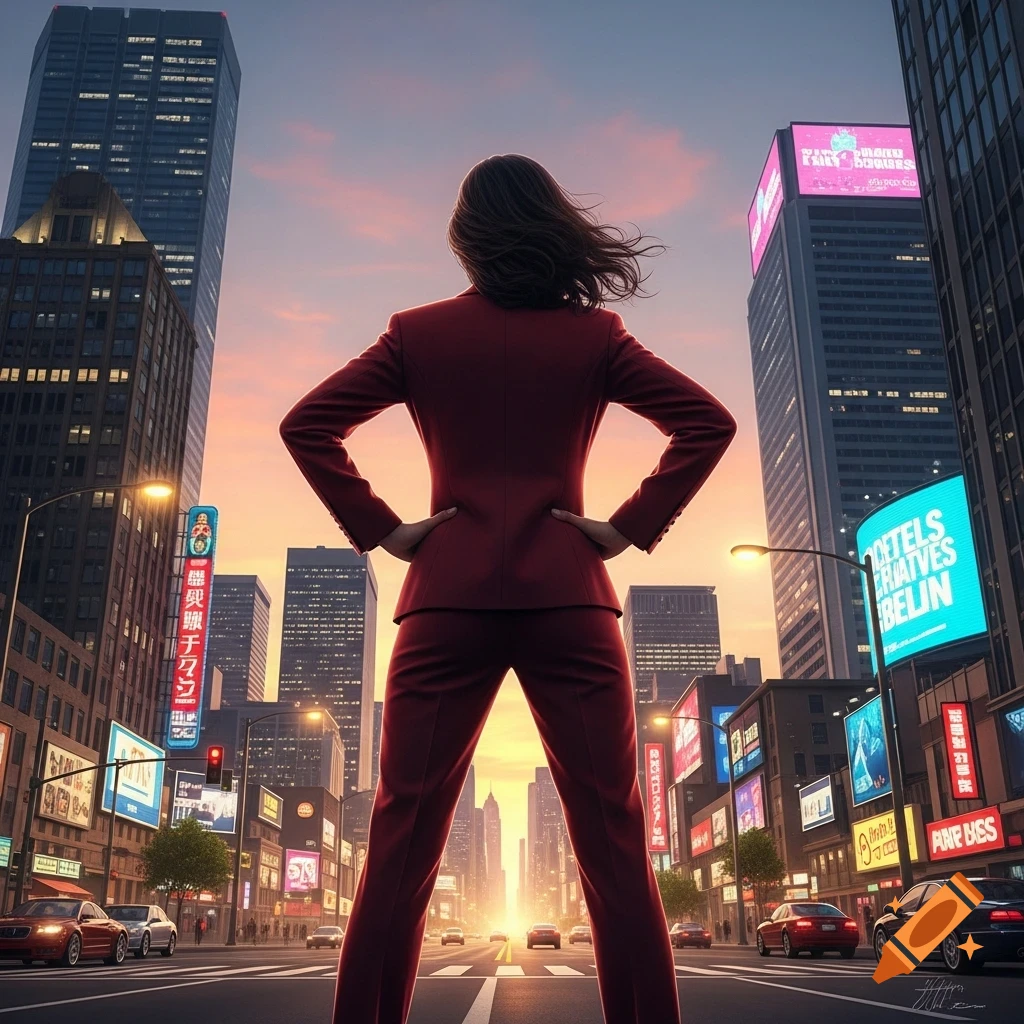 A woman in a red suit stands with hands on hips, gazing at a bustling city street with skyscrapers and billboards at sunset.