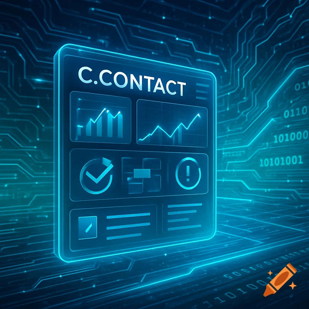 A glowing blue digital interface displaying "C.CONTACT", charts, and icons, set against a background of circuit board patterns and binary code.