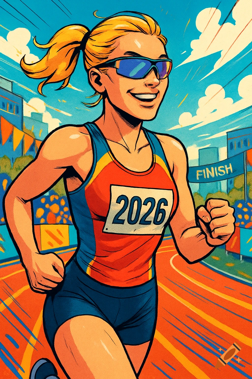 A comic book style illustration of a smiling blonde female runner with sunglasses and a '2026' bib, approaching a finish line.