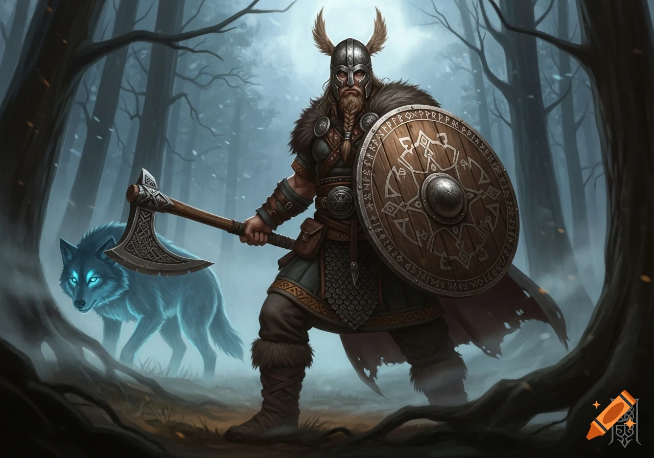 A horned Viking warrior with an axe and shield stands in a misty forest, with a glowing-eyed wolf behind him.