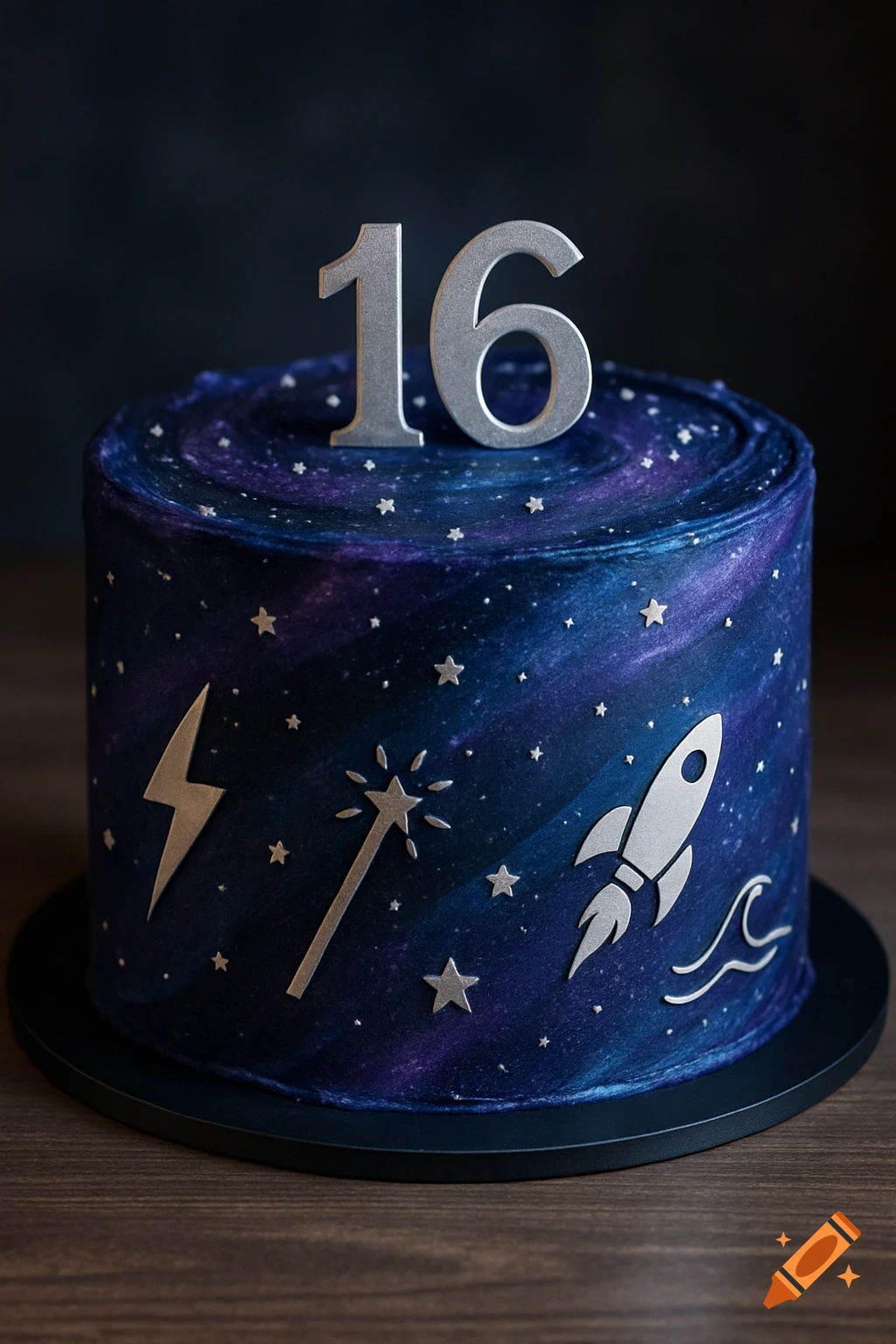 A galaxy-themed Sweet 16 cake with dark blue and purple frosting, silver stars, and various minimalist icons.