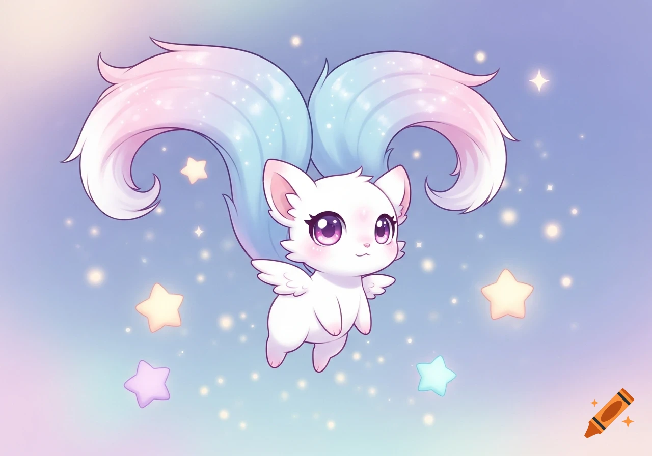 A white chibi creature with large purple eyes, small wings, and long pastel pink and blue twin tails floats in a star-filled pastel sky.