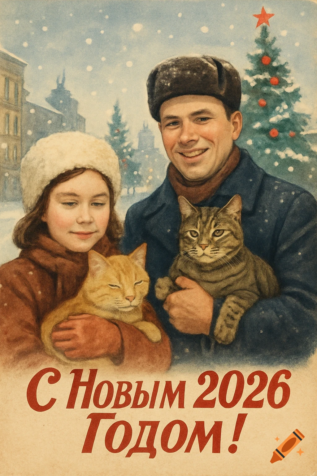 A vintage Soviet New Year illustration of a man and girl holding two cats in a snowy city street, with 'Happy New Year 2026' text.