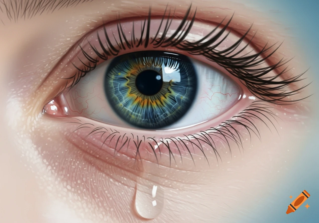 Photorealistic close-up of a human eye with a blue and gold iris and a single tear falling.