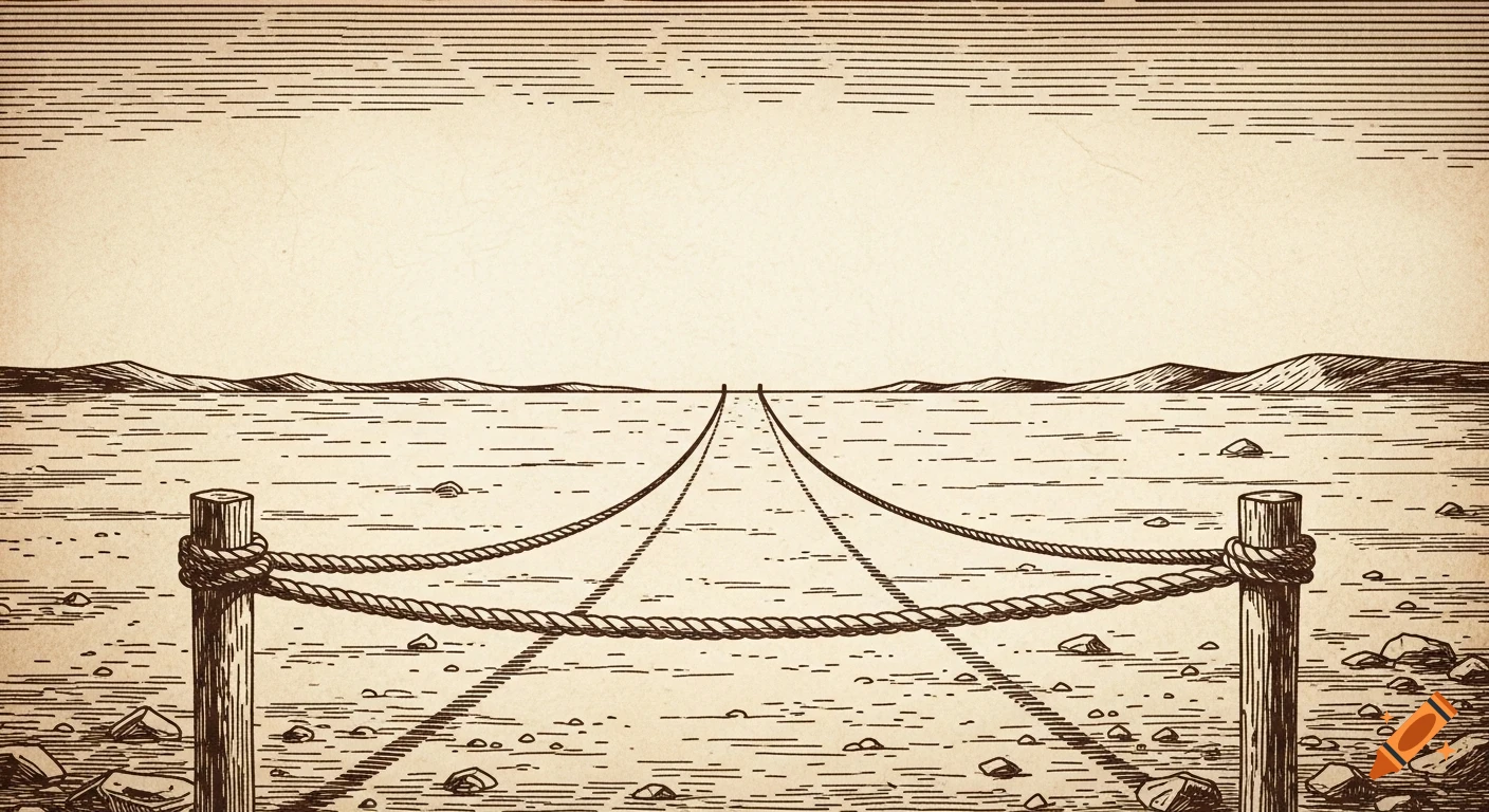 Vintage sepia engraving of a desert landscape with a rope fence and distant hills under a vast sky.