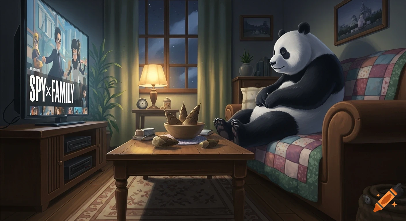 A cartoon panda relaxes on a patterned couch, watching the anime 'Spy x Family' on a TV in a cozy living room at night.