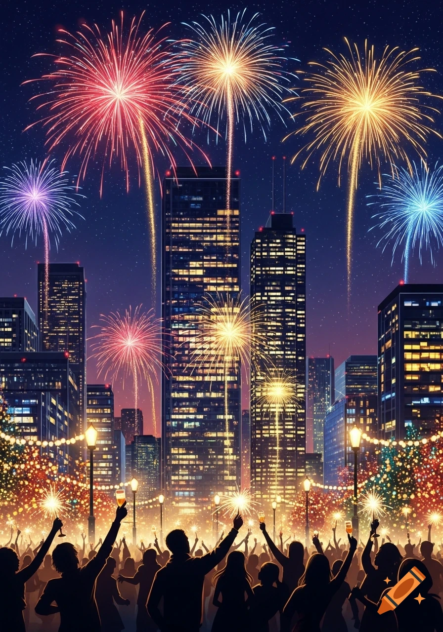 Colorful fireworks burst over a city skyline at night, with silhouetted crowds raising glasses in celebration below.