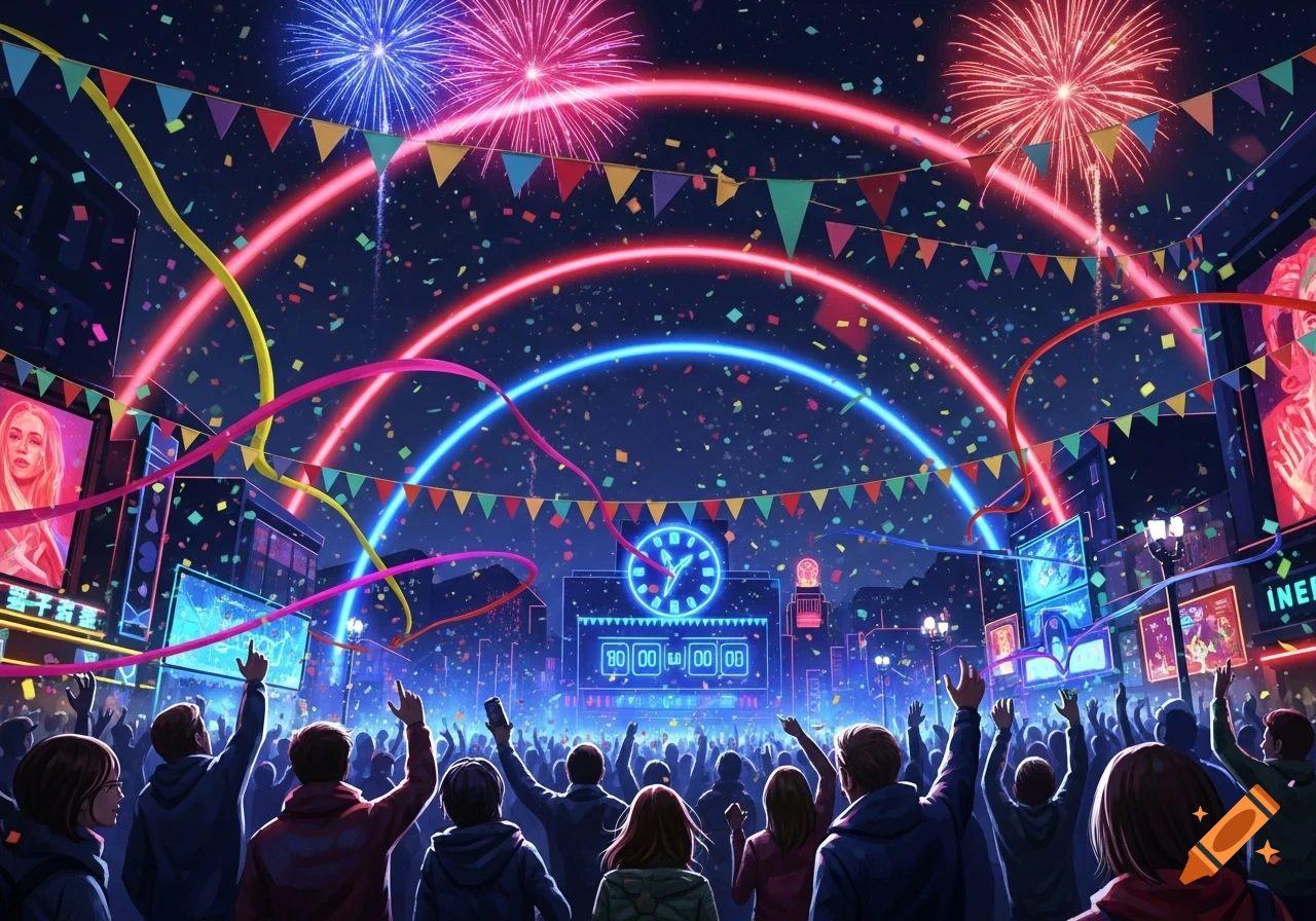 A vibrant New Year's Eve celebration in a city at night, with fireworks, neon lights, and a crowd of people looking up.