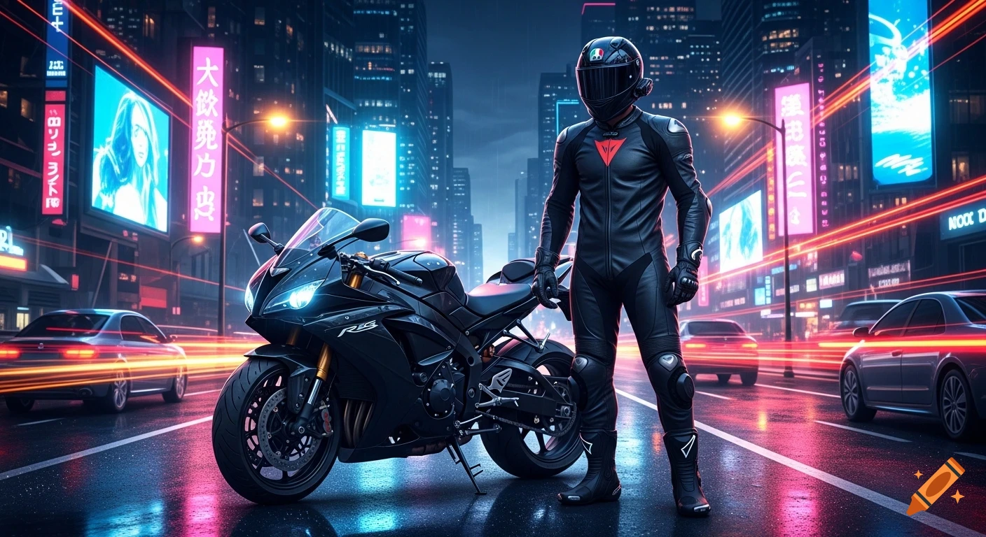A man in black motorcycle gear stands next to a black sportsbike on a wet city street at night, illuminated by neon signs.