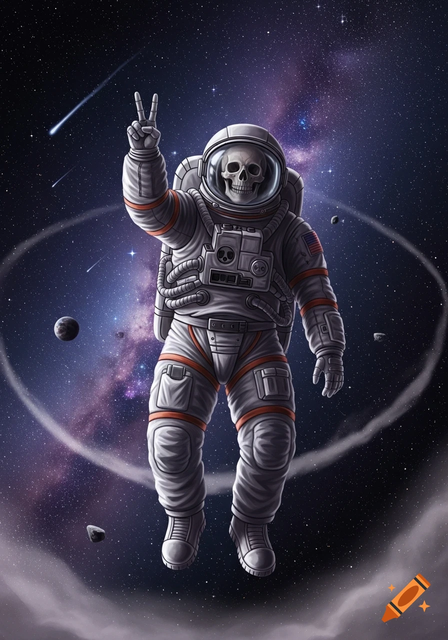A detailed digital illustration of a skeletal astronaut floating in deep space, giving a peace sign.
