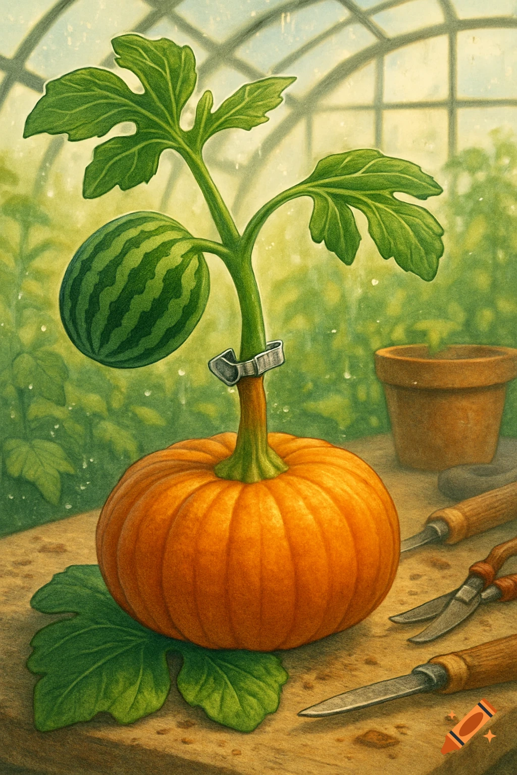 A stylized illustration shows a small watermelon plant grafted onto the top of an orange pumpkin in a greenhouse, with gardening tools nearby.