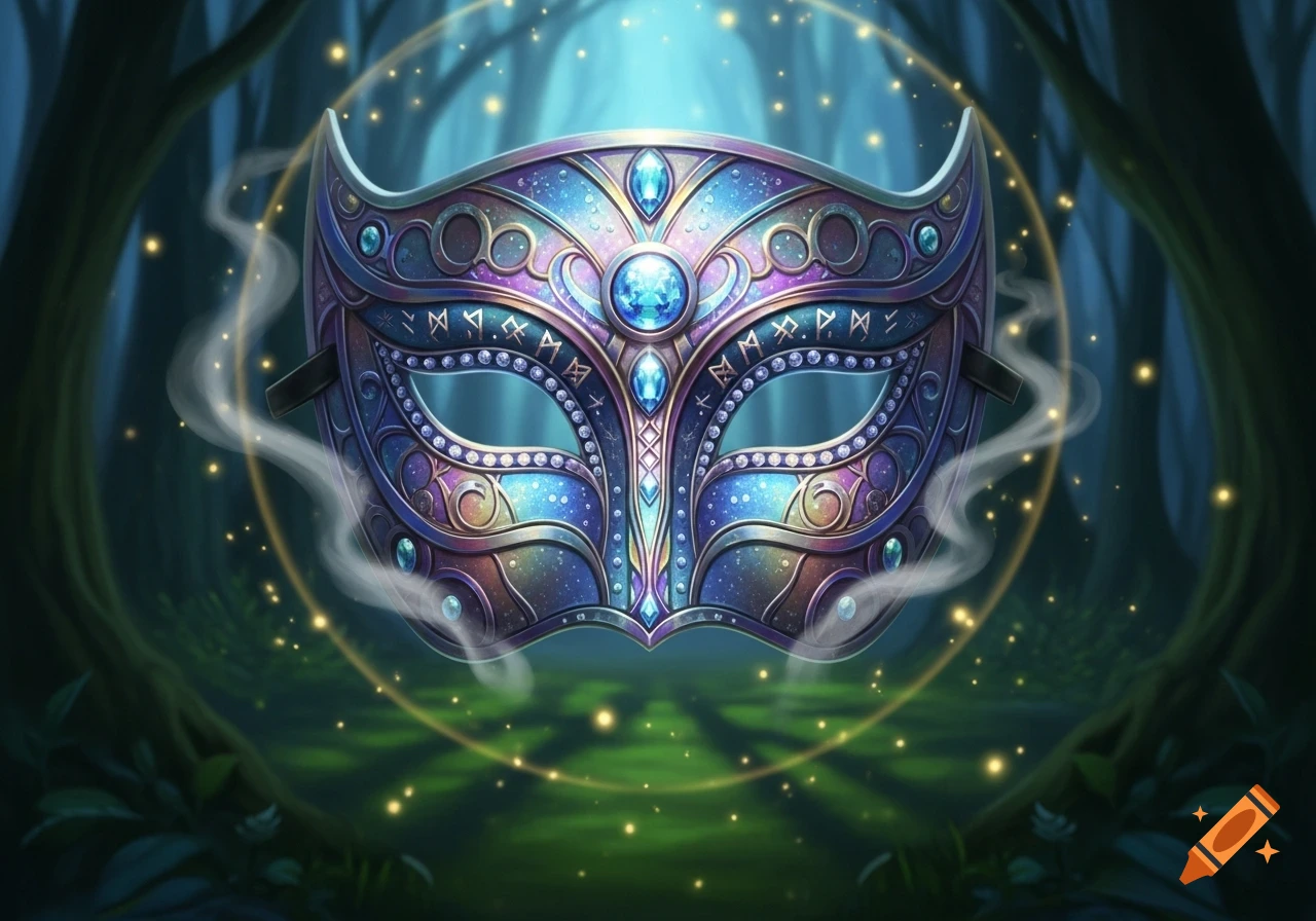 A highly detailed, ornate magical mask with glowing blue and purple gems, set against a dark, enchanted forest background with glowing particles and mist.