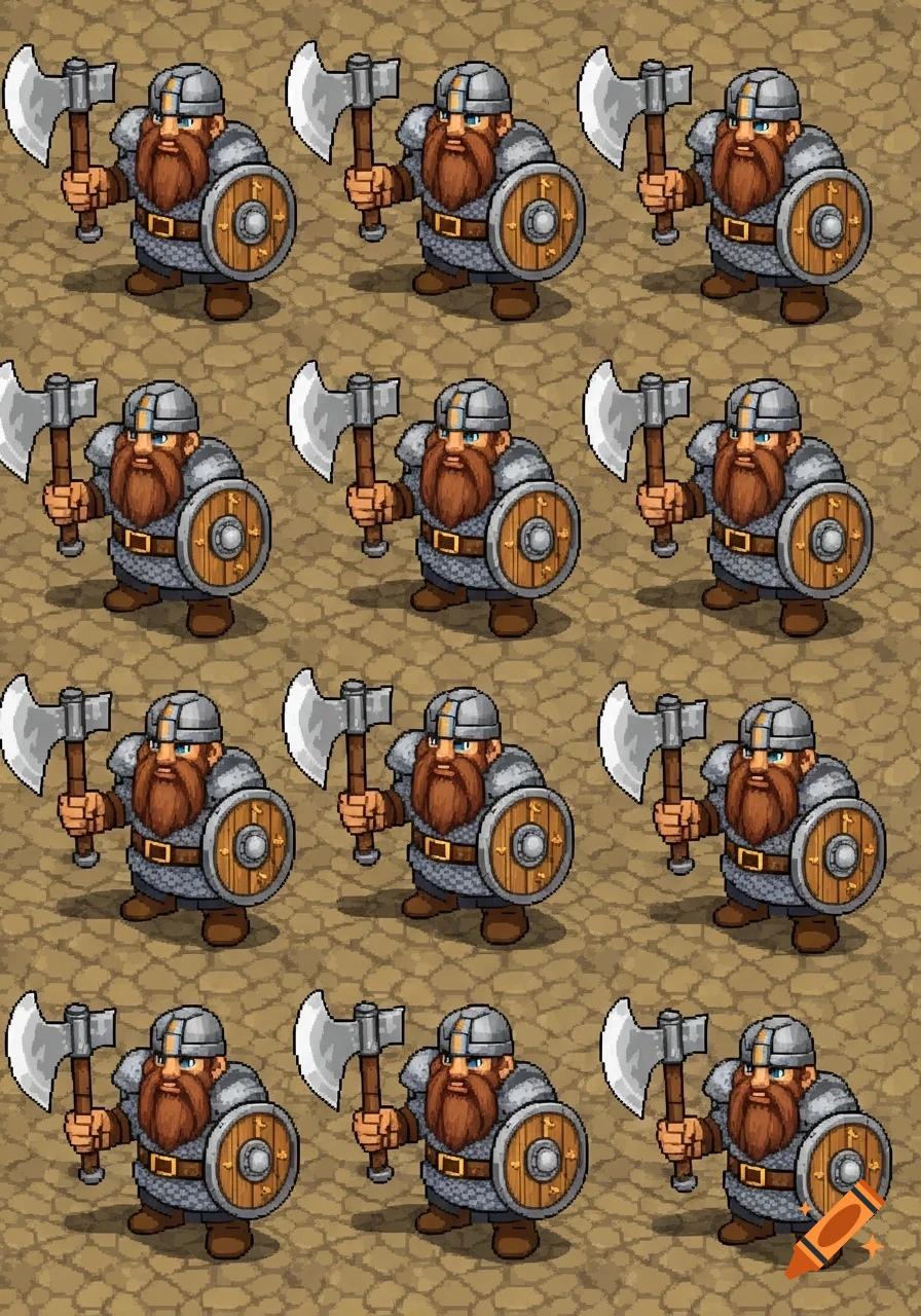 Pixel art isometric sprite sheet featuring multiple identical dwarf warriors in chainmail, helmet, holding an axe and shield.