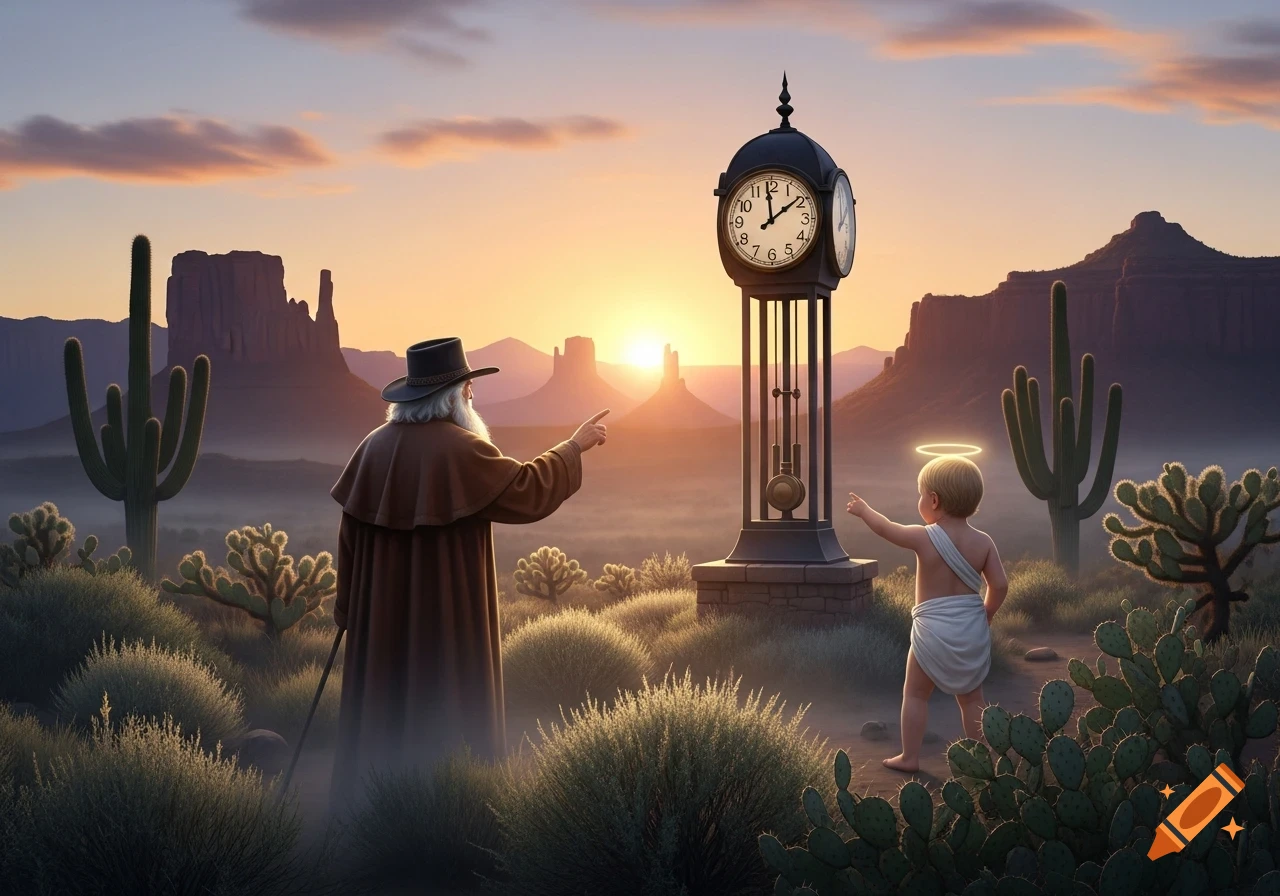 An old man (Father Time) and Baby New Year point at a clock tower in a desert landscape with saguaro cacti and mountains at sunrise.