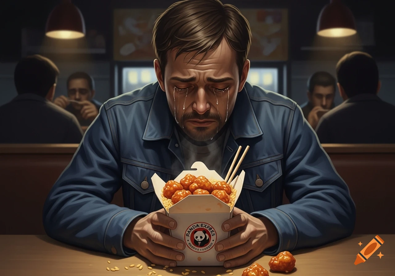 A stylized image of a man with tears streaming down his face, holding a takeout box of Panda Express orange chicken and rice while sitting at a table in a restaurant.