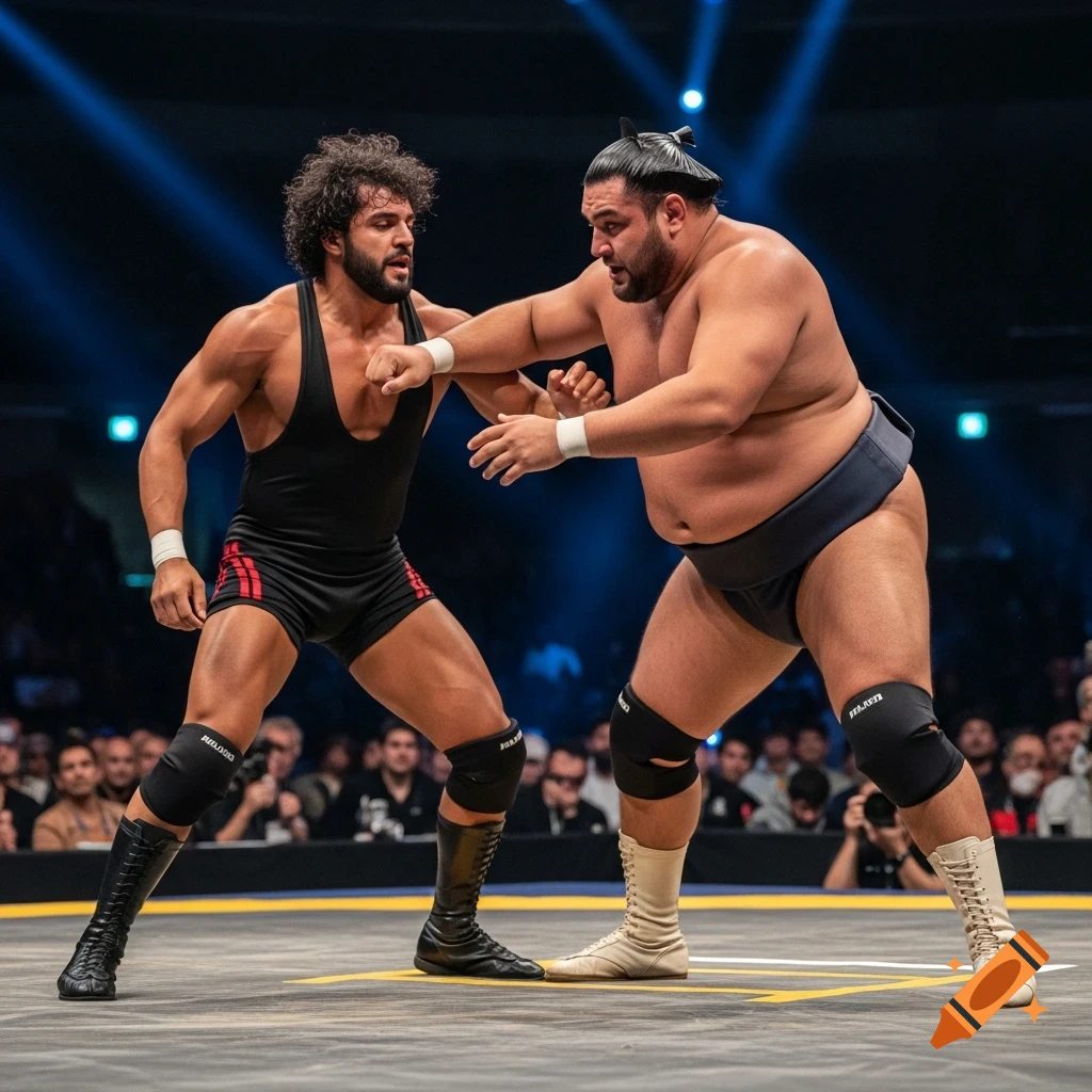 Two wrestlers in a ring, one muscular in a black singlet and the other larger in a sumo mawashi, engage in a bout.