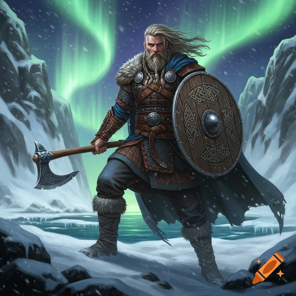 A fierce Viking warrior with a long beard stands in a snowy mountain landscape under the northern lights, holding an axe and a shield.