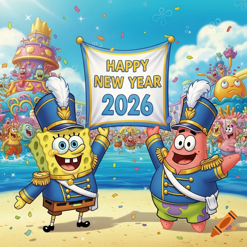 SpongeBob and Patrick in marching band outfits hold a 'Happy New Year 2026' banner on a beach, surrounded by festive cartoon characters and confetti.