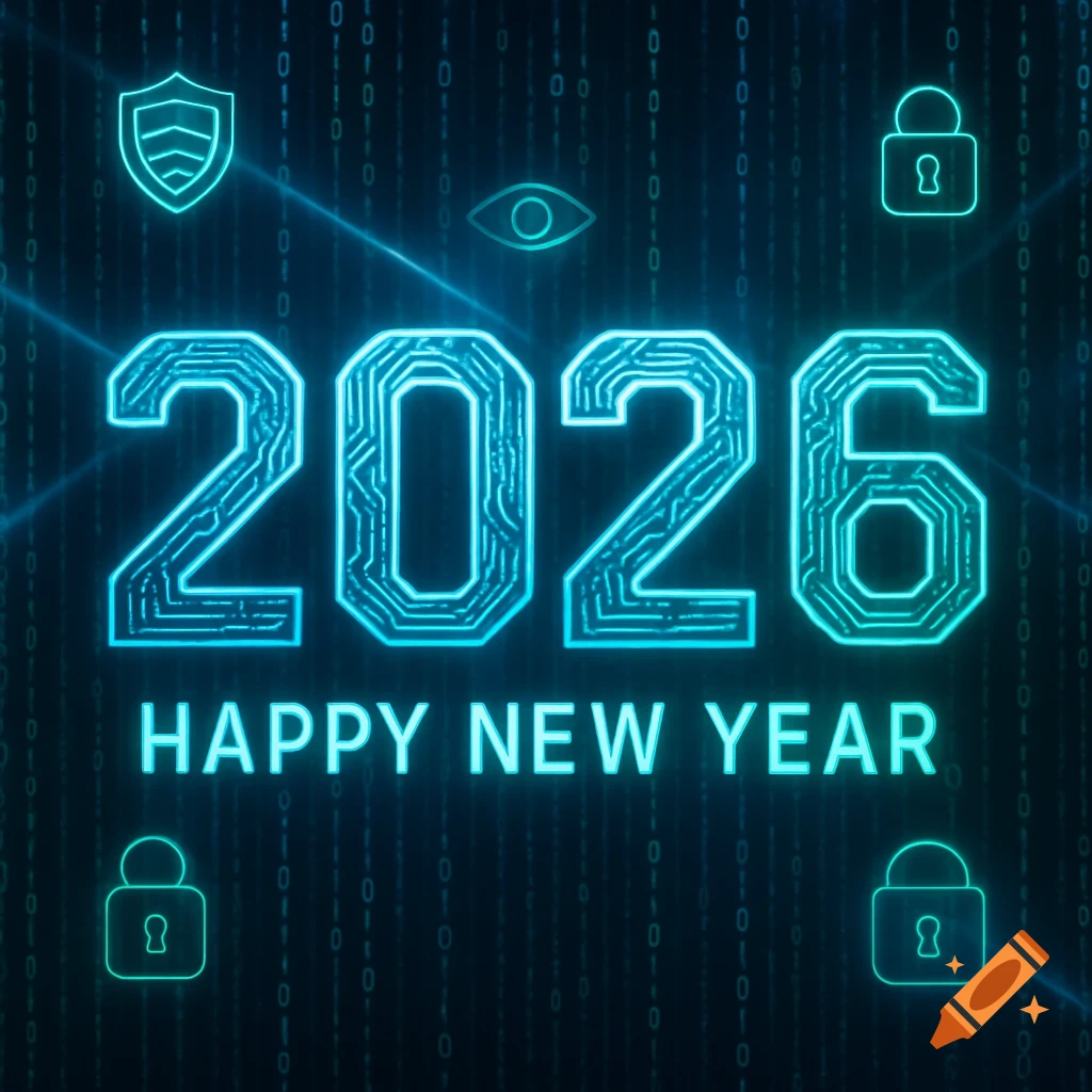 Neon blue '2026 HAPPY NEW YEAR' text with circuit board patterns, surrounded by cybersecurity icons and binary code on a dark background.