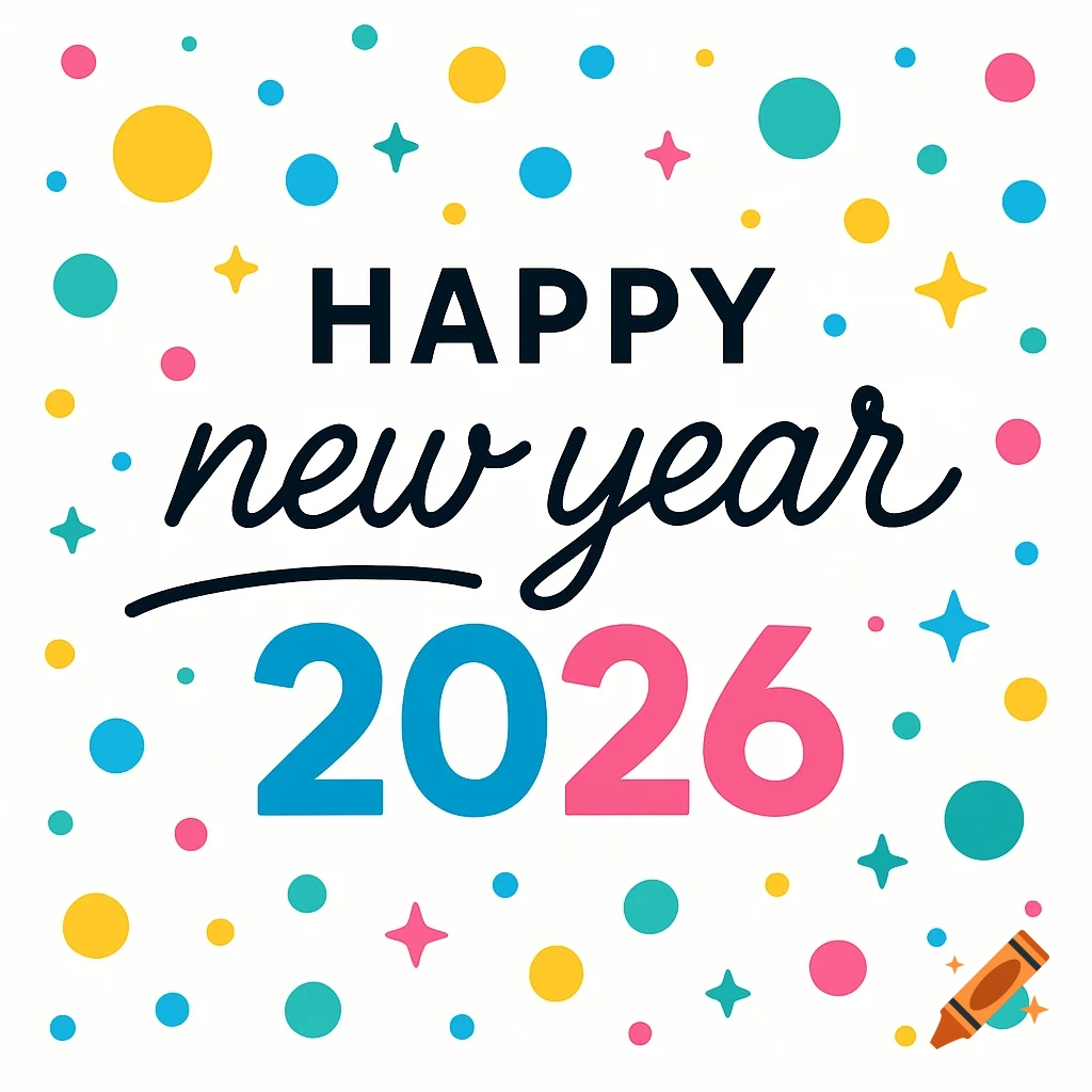 Happy New Year 2026 banner with colorful circles and stars on a white background, in a modern graphic style.