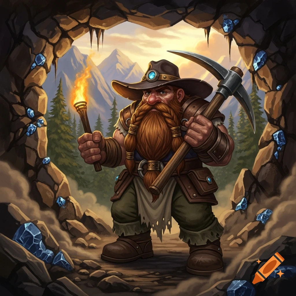 A cartoon-style dwarf prospector stands in a cave entrance, holding a pickaxe and a burning torch, surrounded by blue crystals.