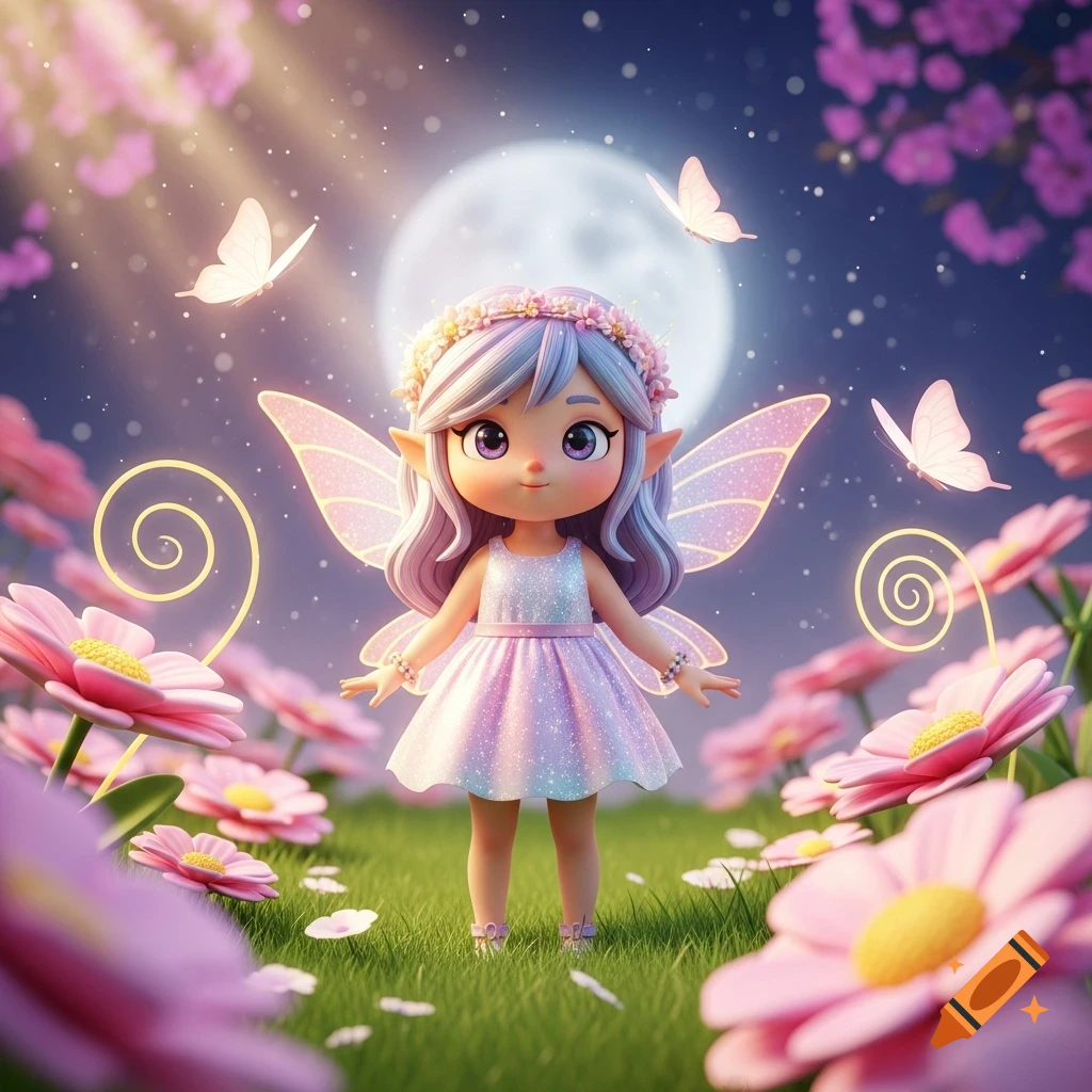 A cute 3D kawaii fairy with pink wings and a flower crown stands in a field of pink flowers under a full moon with butterflies, magical lights.