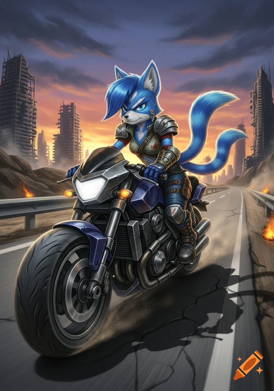 A blue anthropomorphic fox in battle armor rides a motorcycle on a ruined highway in a post-apocalyptic city at sunset.
