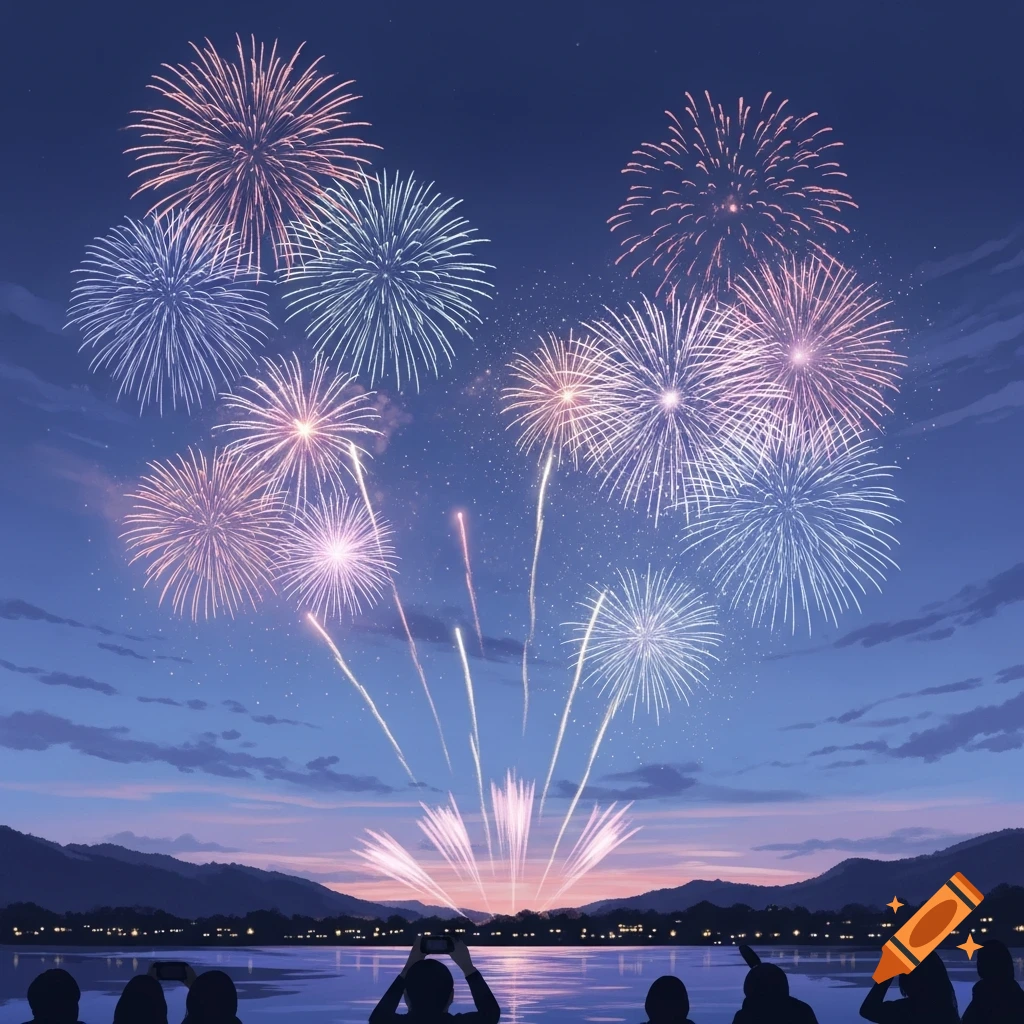 A colorful fireworks display in soft pastel tones over a lake with silhouetted mountains and people watching.