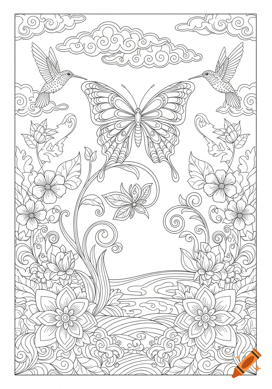 Detailed black and white line art coloring page featuring two hummingbirds, a large butterfly, and various flowers and swirling vines.