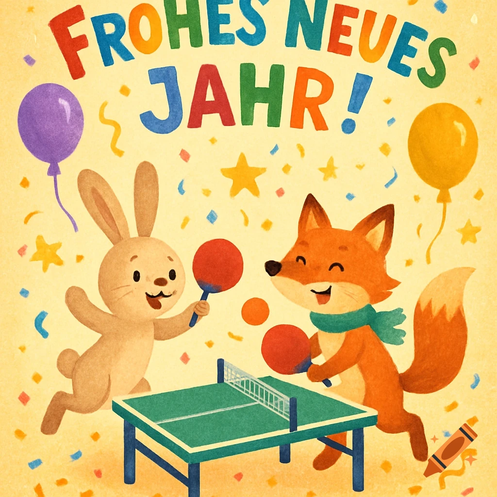 A cheerful cartoon bunny and fox play table tennis with balloons and confetti, text reads "FROHES NEUES JAHR!".