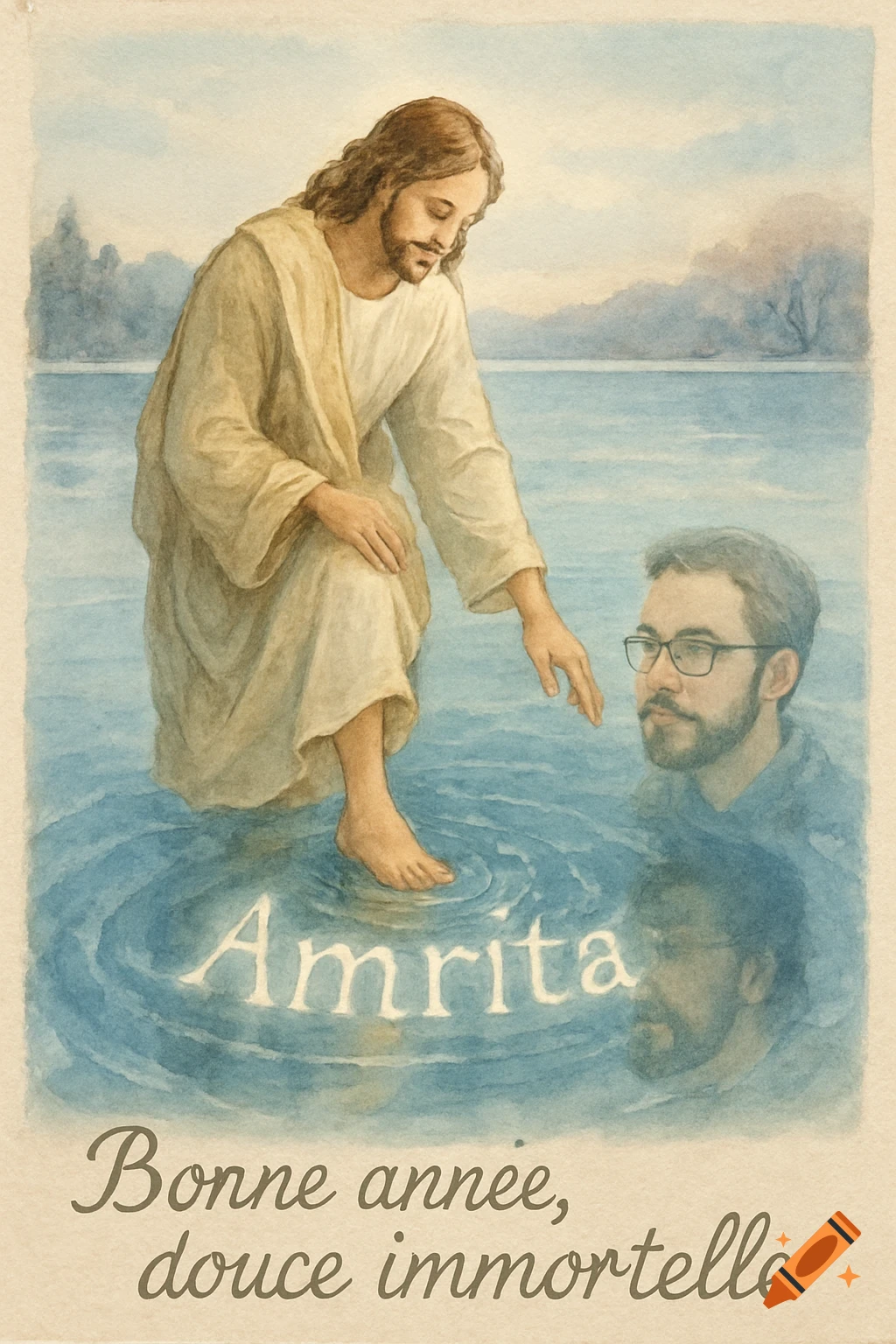 Watercolor painting of Jesus standing in water, touching ripples that spell 'Amrita', next to a man's head and his reflection. 'Bonne année, douce immortelle' text below.