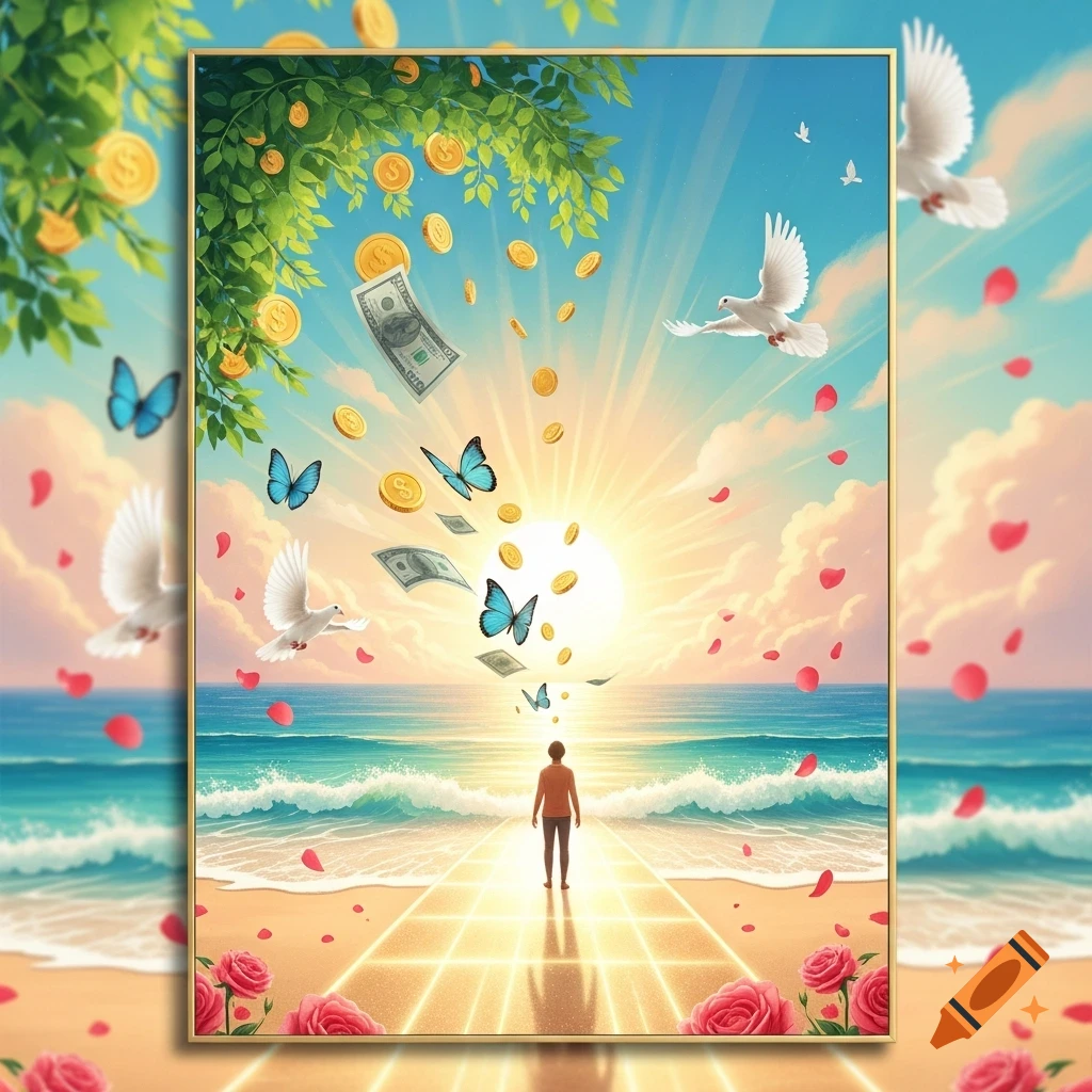 A person stands on a glowing path on a beach, facing a bright sun as money, butterflies, doves, and rose petals float in the sky.