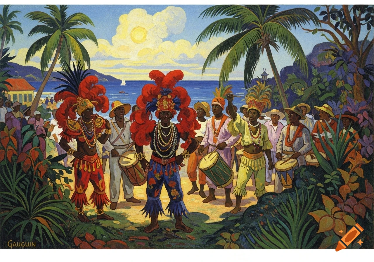Vibrant painting of a tropical carnival with people in feathered costumes playing drums on a beach, under a sunny sky and palm trees.