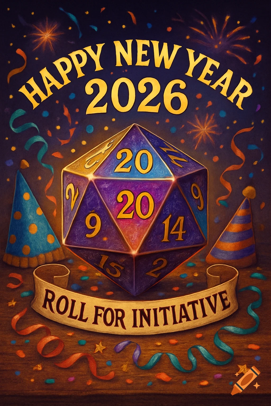 A stylized New Year's card with 'Happy New Year 2026' text, a large D20 die, party hats, and 'Roll For Initiative' on a banner.