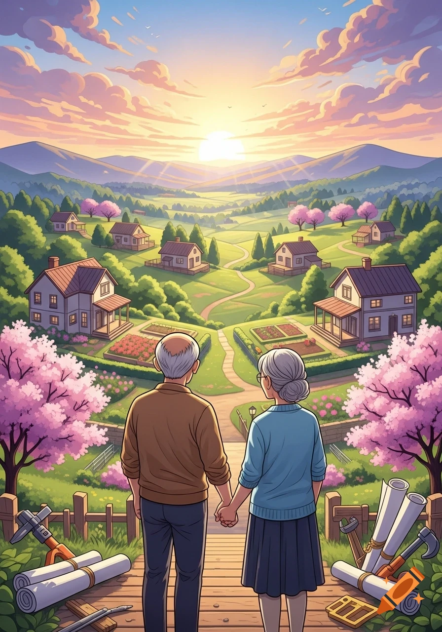 A cartoon illustration of an elderly couple holding hands, viewed from behind, looking out at a valley filled with houses, gardens, and flowering trees under a beautiful sunset sky.