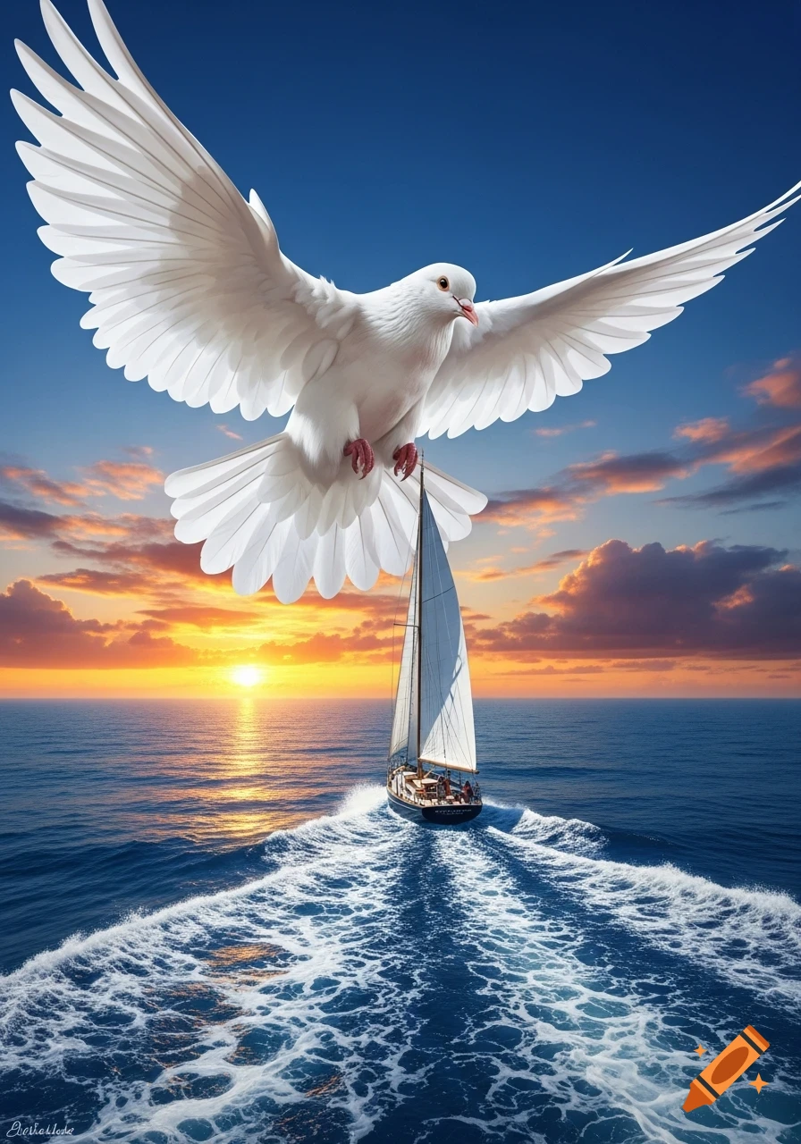A giant white dove flies with wings spread over a sailboat sailing on a blue ocean at a golden sunset.