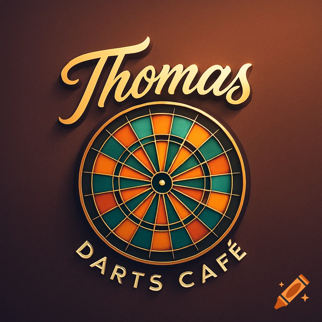 Golden 3D logo for Thomas Darts Cafe featuring a colorful dartboard on a brown background.