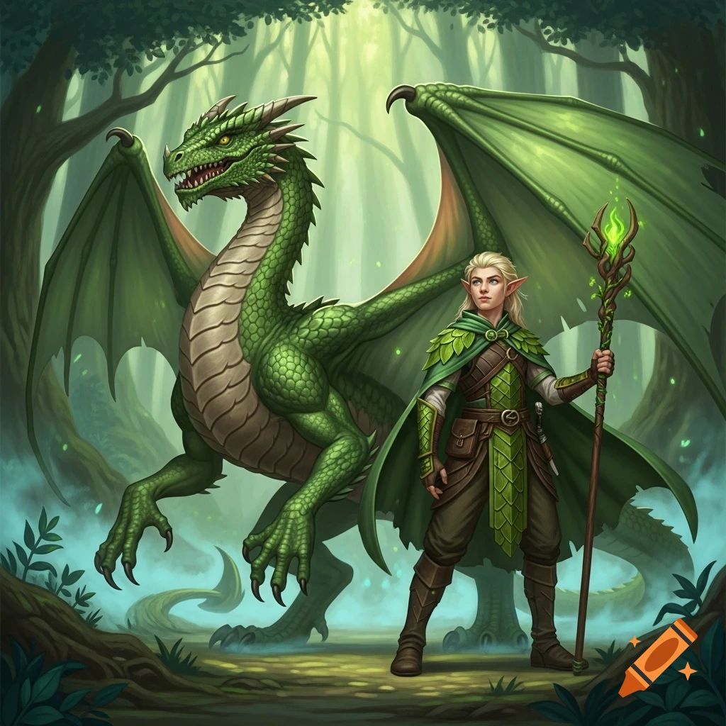 A green wyvern and a half-elf boy in green and brown leathers with a staff stand in a forest, D&D style.