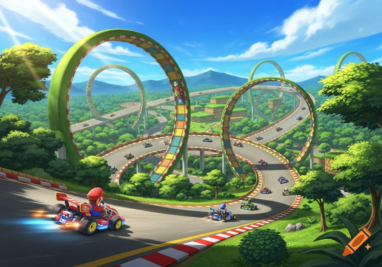 Mario and other characters race karts on a colorful, looping track through a green forest under a blue sky, in a cartoon video game style.