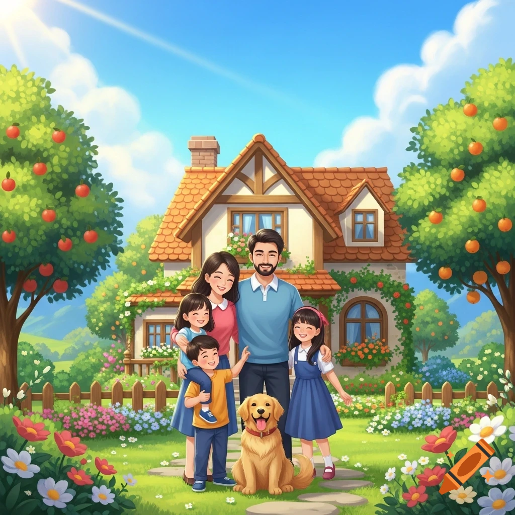 A smiling cartoon family with two children and a golden retriever stands in front of a cozy house with a lush garden, under a sunny sky.