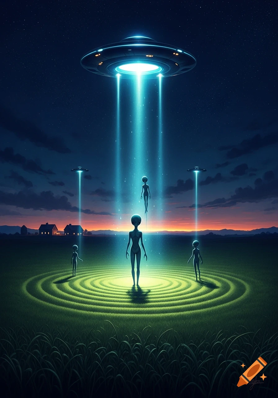A large UFO beams light onto a field where several grey aliens stand in crop circles and float, with smaller UFOs in the distance against a starry night sky and farmhouses.