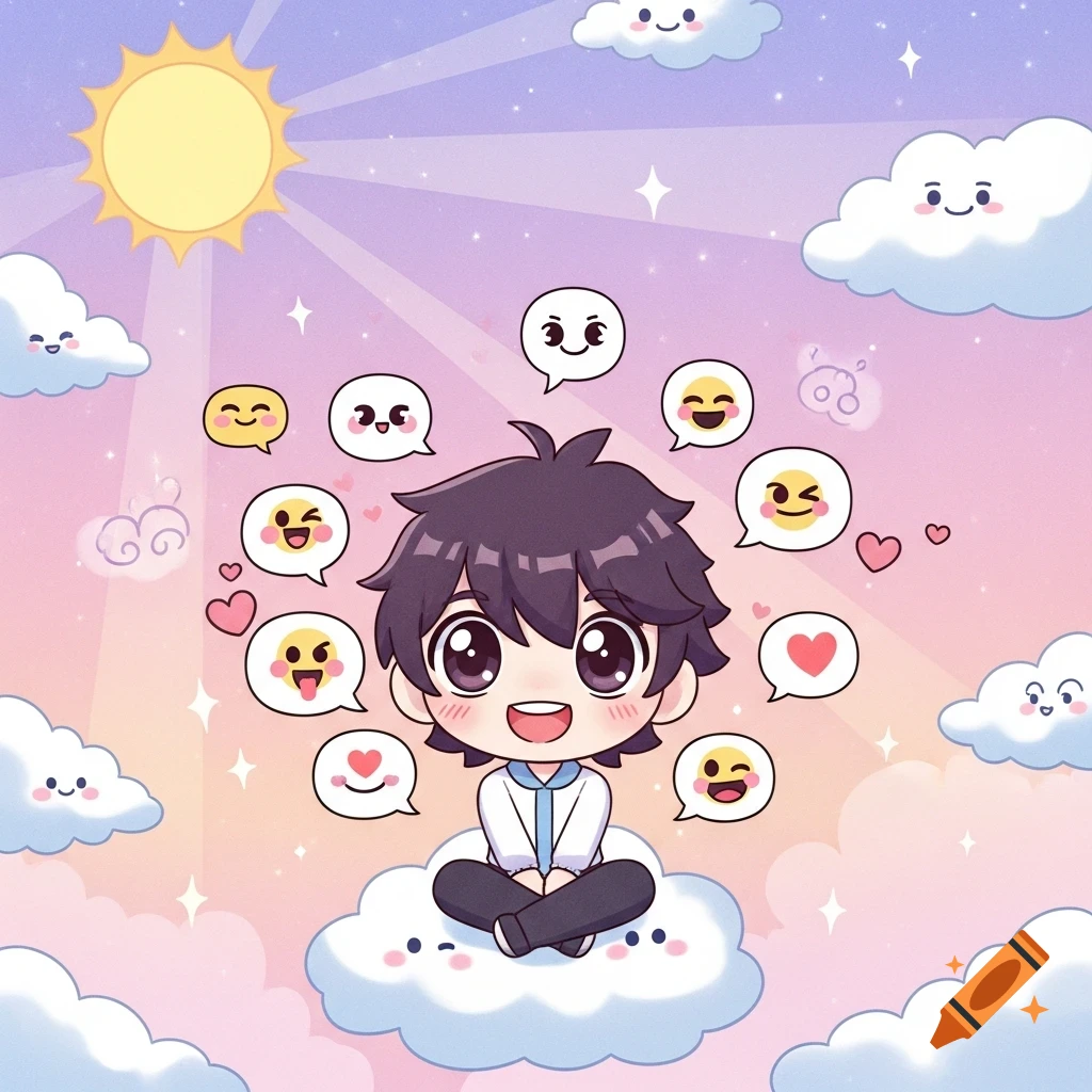 A cute chibi boy with dark hair and big eyes smiles, sitting on a fluffy cloud under a smiling sun in a pastel sky, surrounded by emoji thought bubbles and hearts.