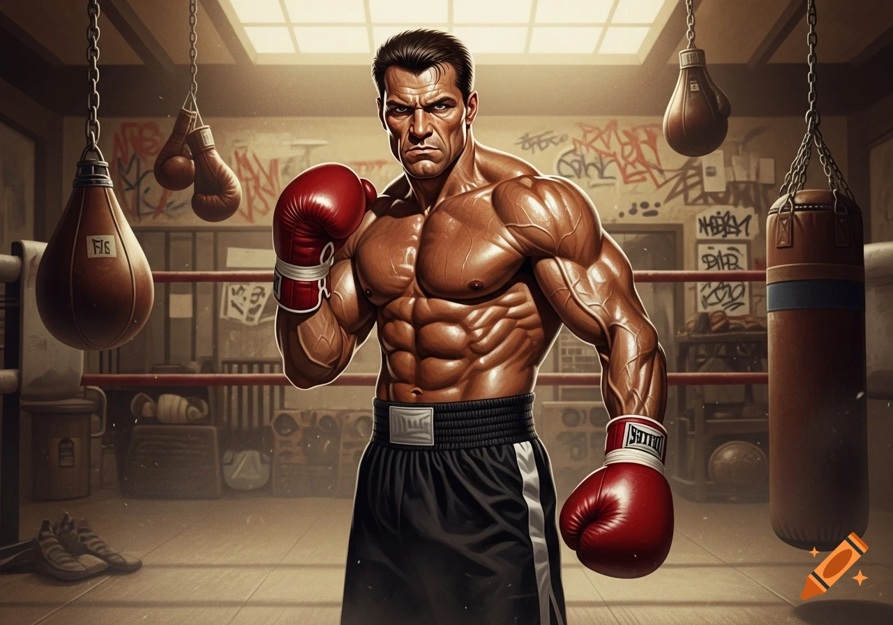 A highly muscular boxer in red gloves and black shorts stands confidently in a gritty boxing gym with punching bags and graffiti.