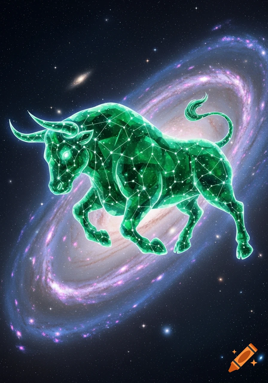 A mystical, glowing green crystalline bull made of constellations floats in deep space with swirling galaxies.