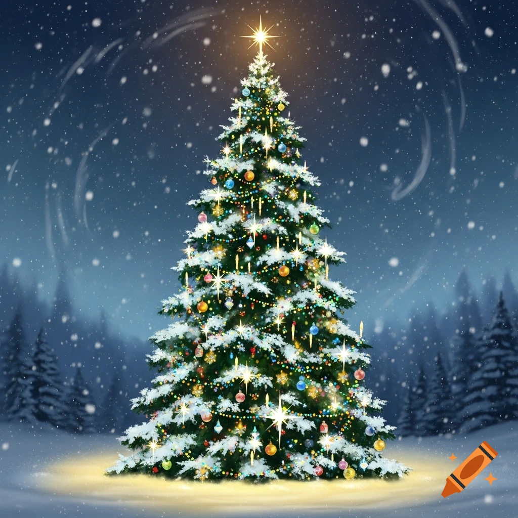 A brightly lit and decorated Christmas tree stands in a snowy forest at night, with falling snow and a warm glow at its base.