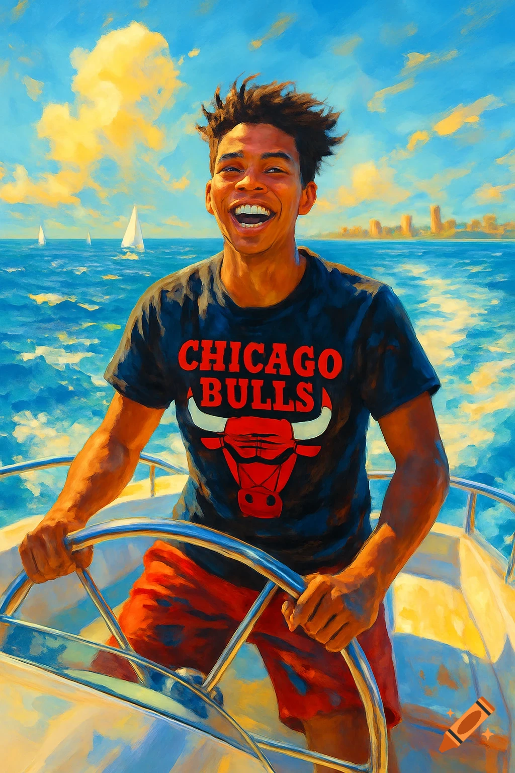 A smiling young man in a Chicago Bulls t-shirt steers a boat on a sunny lake with a city skyline in a painterly style.